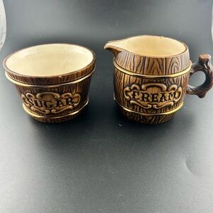 Vintage Mid Century Faux Wood Ceramic Barrel Sugar and Creamer Set - Japan